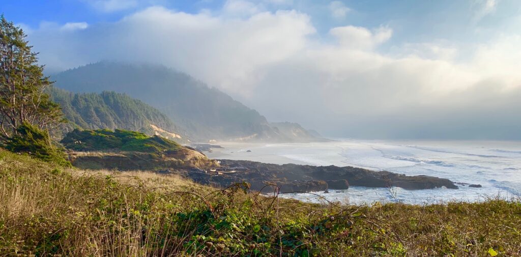 A view of the ocean from a beach.